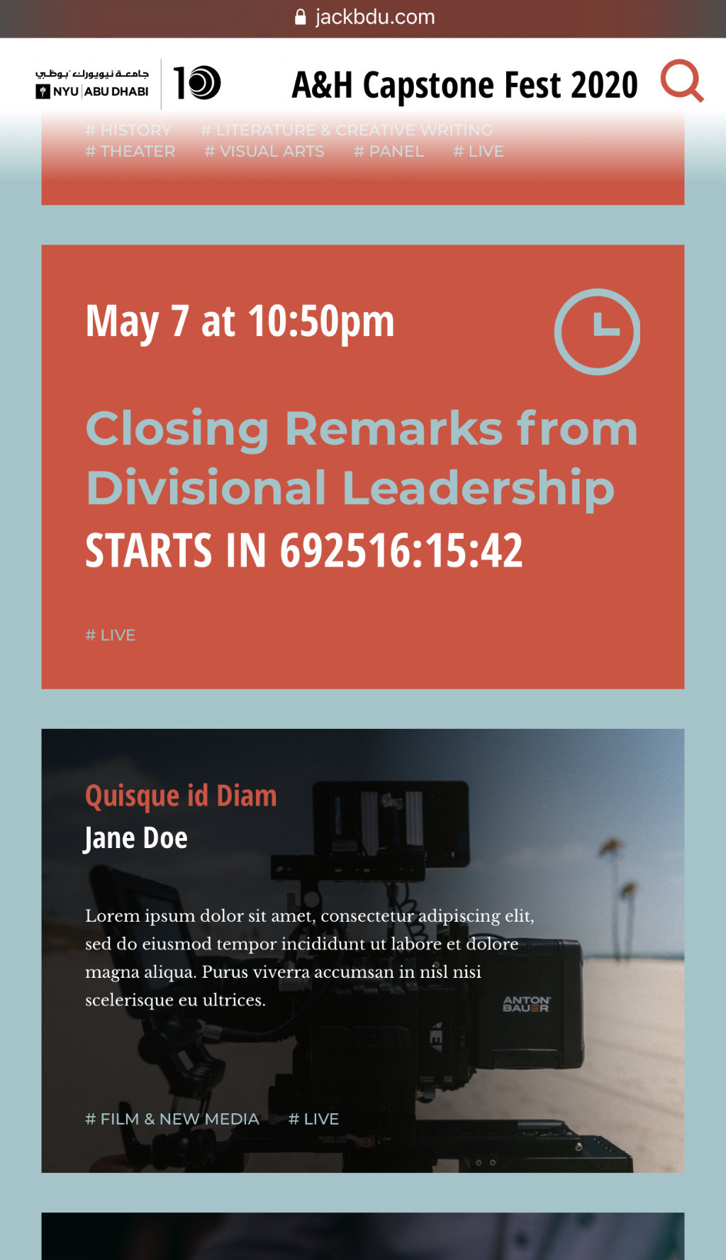 Screenshot of Capstone Festival Website's live events and project tiles displayed in a mobile browser