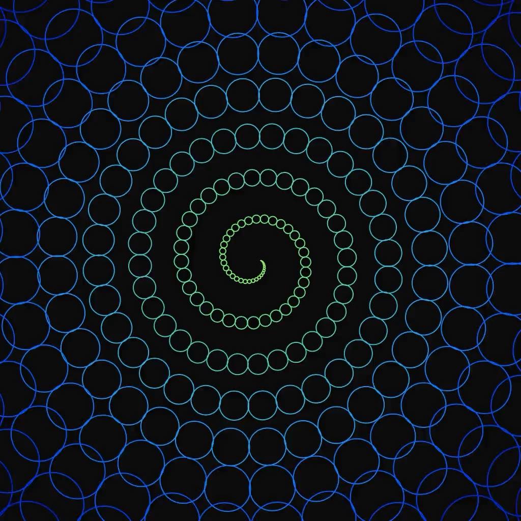 A spiral of hollow circles, small yellow circles near the center gradually transitioning into larger blue circles near the edges of the frame