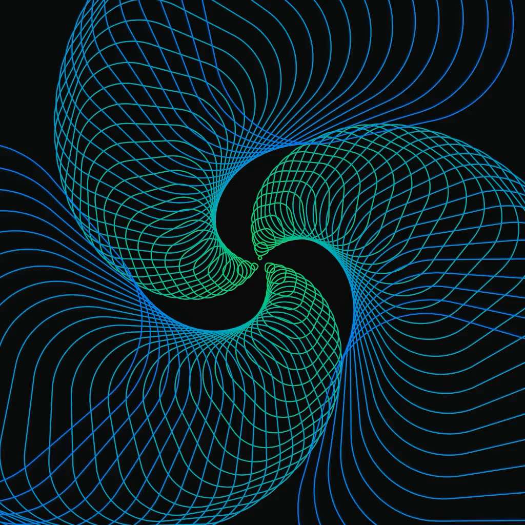 Three threads of heavily-overlapped round-corner squares arranged with a radial look, green near the center, blue near the edges