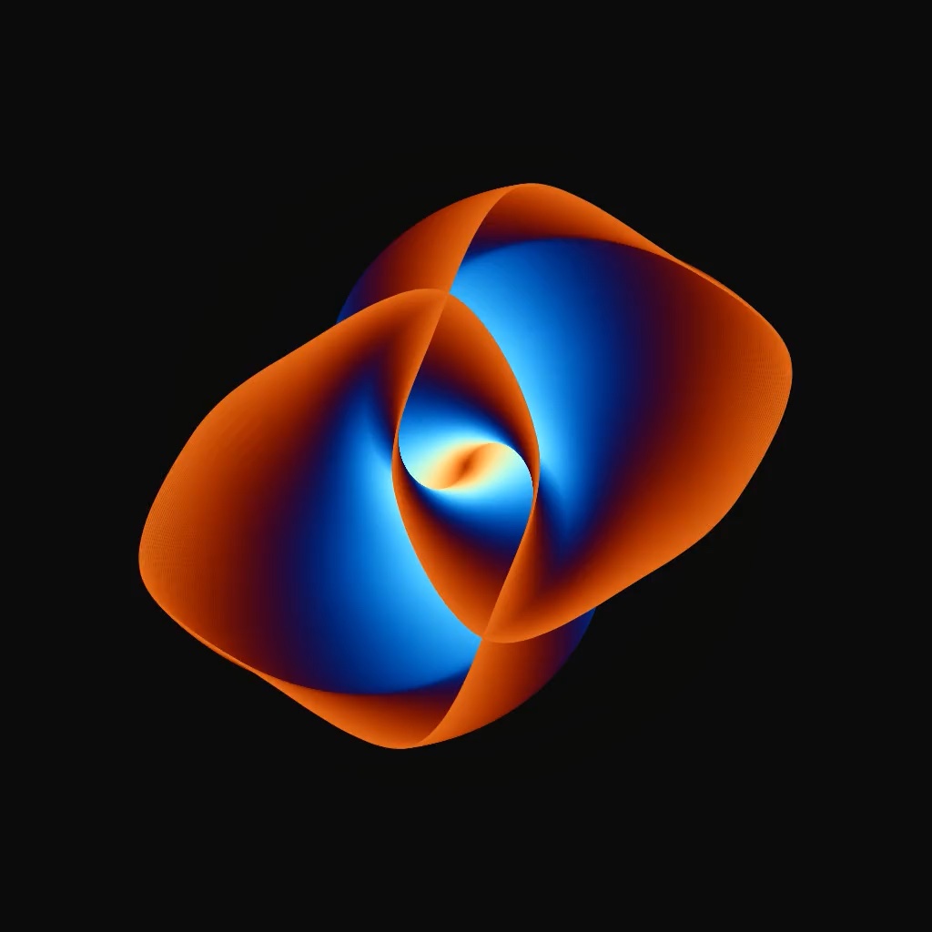 Two intertwined shell-like structures in color gradient, from white near their center to navy, then red orange near the edges