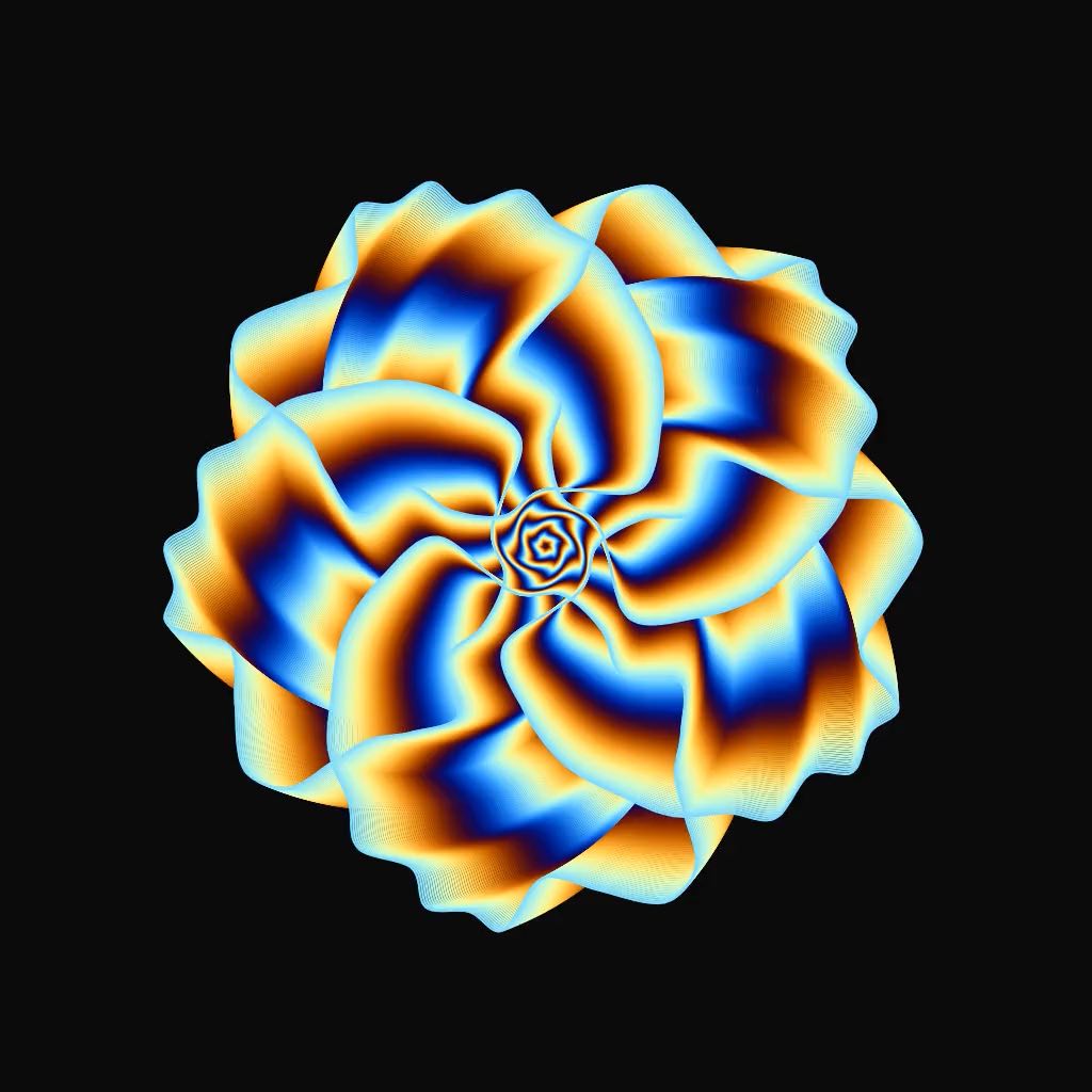 Five interwined curly pedals in a repeating color gradient, from orange, to white, to blue, and then back to orange