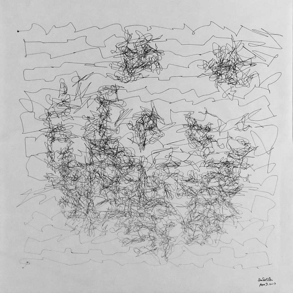 A drawing by Minus E, based on WWF panda logo, in the form of one continuous scribble